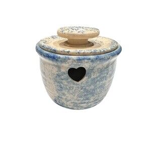 Vintage Blue Spongeware Garlic Keeper Heart Cutout Stoneware Garlic Cellar +lid